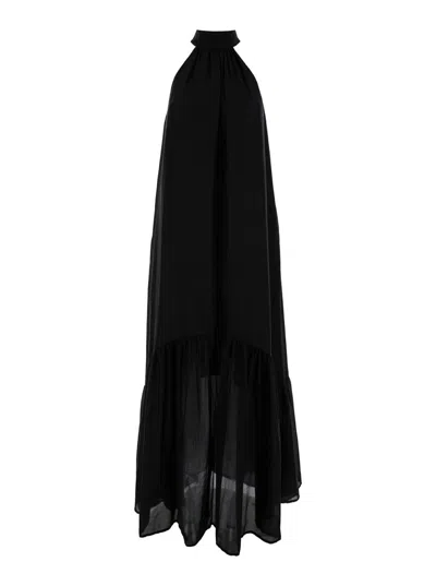 Shop Semicouture Black Maxi Dress With Stand Up Collar In Cotton And Silk Woman