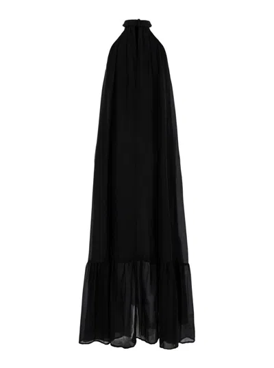 Shop Semicouture Black Maxi Dress With Stand Up Collar In Cotton And Silk Woman
