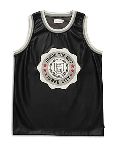 Shop Honor The Gift Oversized Fit Faux Leather Varsity Style Tank In Black