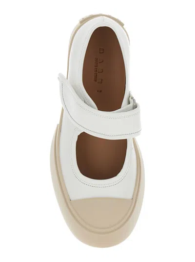Shop Marni 'pablo' White Mary Janes With Strap And Logo In Leather Woman