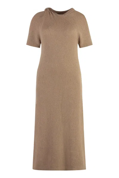 Shop Stella Mccartney Ribbed Knit Midi Dress In Beige