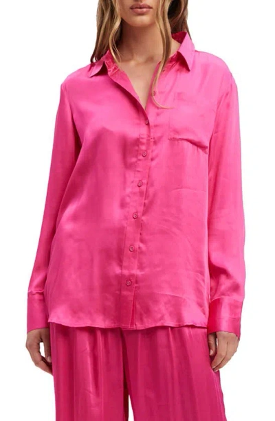 Shop Bardot Lena Satin Button-up Shirt In Hot Pink