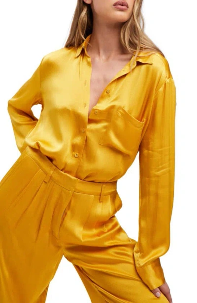 Shop Bardot Lena Satin Button-up Shirt In Marigold