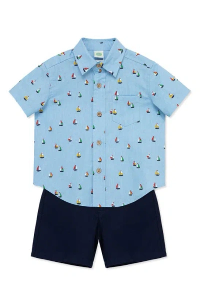 Shop Little Me Boat Button-up Shirt & Shorts Set In Blue