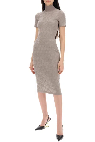 Shop Fendi Midi Dress In Jacquard Ff Knit In Fluo