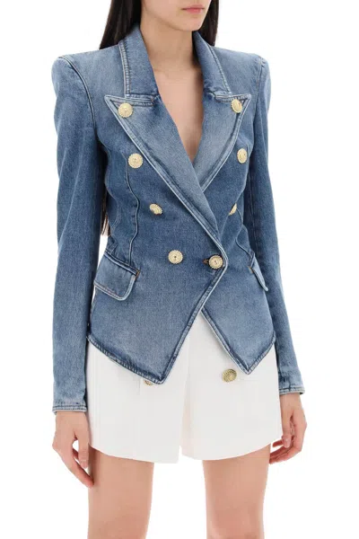 Shop Balmain Denim Jacket With Eight Buttons In Blue