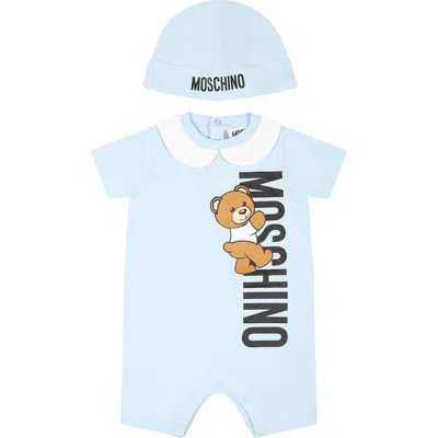 Moschino Light Blue Set For Baby Boy With Teddy Bear And Logo In Light Blue