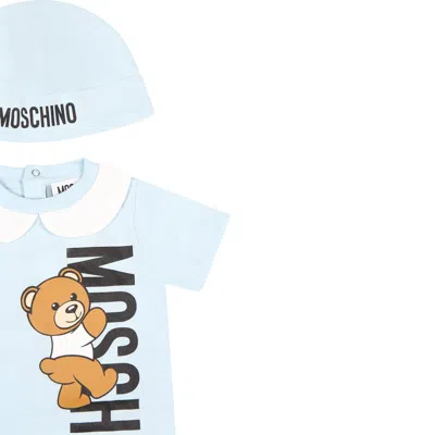 Shop Moschino Light Blue Set For Baby Boy With Teddy Bear And Logo