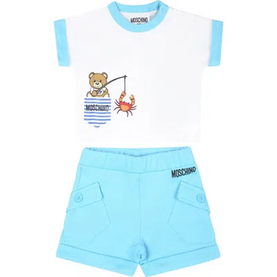 Shop Moschino Light Blue Suit For Baby Boy With Teddy Bear In White