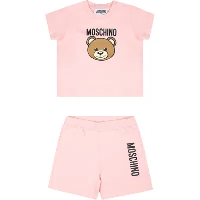 Shop Moschino Pink Suit For Baby Girl With Teddy Bear And Logo