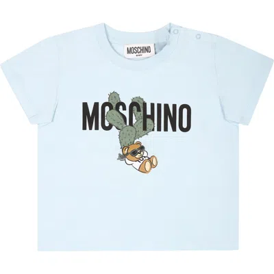 Shop Moschino Light Blue T-shirt For Baby Boy With Teddy Bear And Cactus