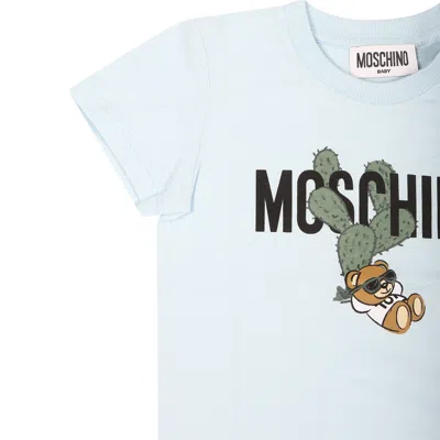 Shop Moschino Light Blue T-shirt For Baby Boy With Teddy Bear And Cactus