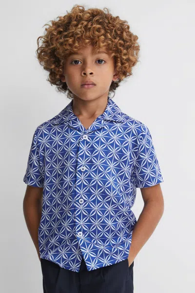 Shop Reiss Tintipan - Bright Blue/white Printed Cuban Collar Shirt, Uk 11-12 Yrs
