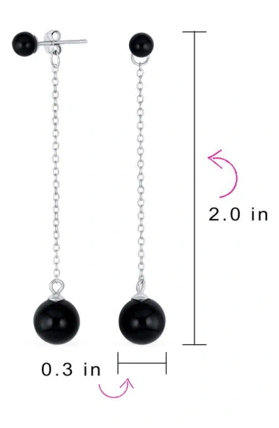 Bling Jewelry Rhodium Plated Sterling Silver Double Ball Linear Earrings In Silver/ Onyx