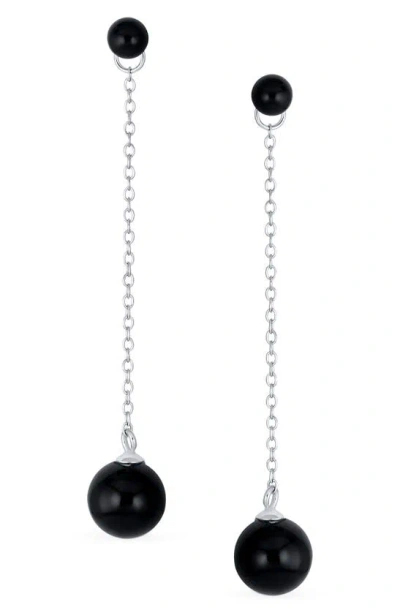 Bling Jewelry Rhodium Plated Sterling Silver Double Ball Linear Earrings In Silver/ Onyx