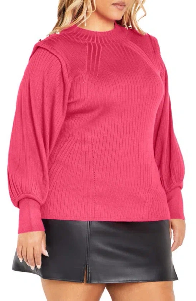 Shop City Chic Isabella Rib Button Shoulder Sweater In Vibrant Pink