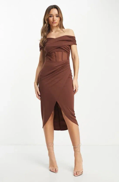 Shop Asos Design Off The Shoulder Corset Bodice Cocktail Dress In Brown
