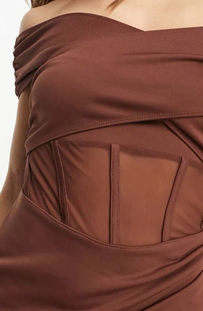 Shop Asos Design Off The Shoulder Corset Bodice Cocktail Dress In Brown