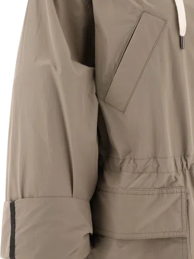 Shop Brunello Cucinelli Water-resistant Taffeta Hooded Outerwear Jacket With Monili In Beige