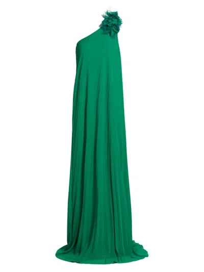 Shop Badgley Mischka Women's Pleated Georgette One-shoulder Gown In Palm Green