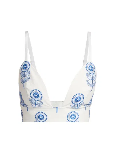 Shop Milly Women's Poppy-embroidered Cotton Bralette Top In White Blue