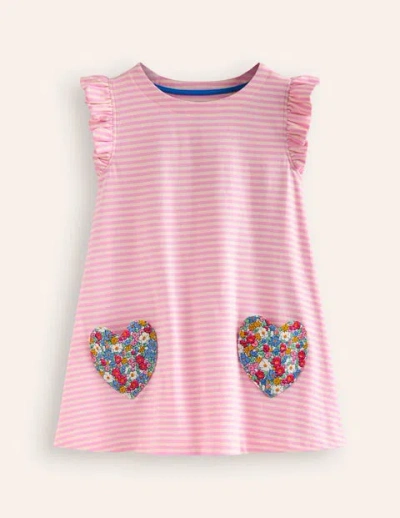 Shop Mini Boden Heart Pocket Frill Tunic Bubblegum Pink/ivory Hearts Girls Boden
