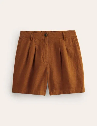 Shop Boden Pleated Linen Shorts Bronze Brown Women