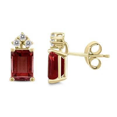 Shop Sselects 14k 6x4mm Emerald Shaped Garnet And Three Stone Diamond Earrings In Gold