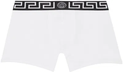 Shop Versace White Greca Border Long Boxer Briefs In 2wl40-white+black Wh
