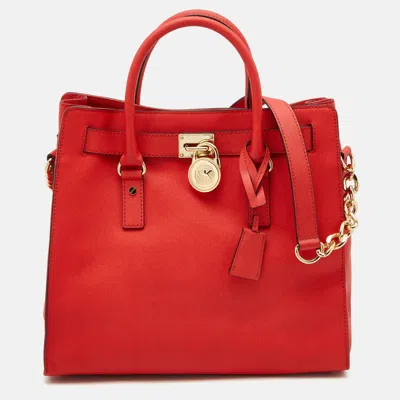 Shop Michael Michael Kors Saffiano Leather Hamilton North South Tote In Red
