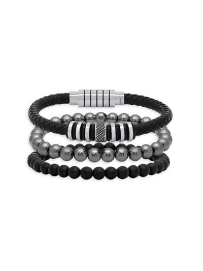 Shop Anthony Jacobs Men's 3-piece Leather, Stainless Steel & Hematite Bracelet Set In Neutral