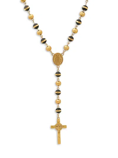 Shop Anthony Jacobs Men's Black Rubber & Stainless Steel Rosary Necklace In Yellow