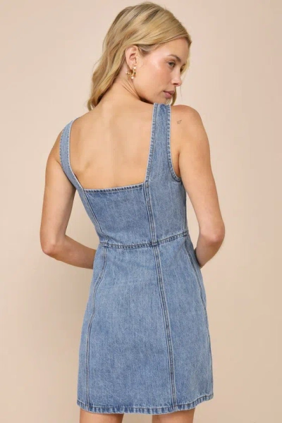 Lulus Trending Moment Medium Wash Zip-front Denim Mini Dress In Blue