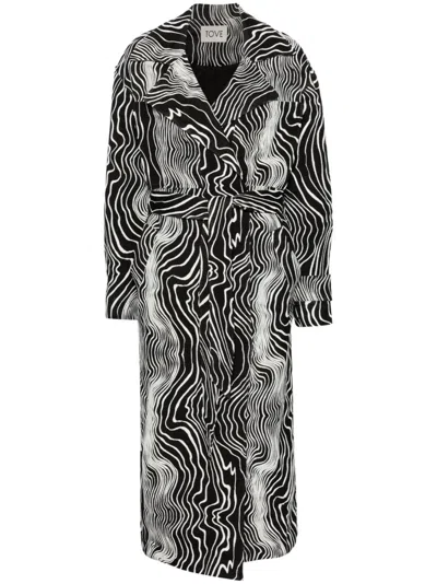 Shop Tove Black Faretta Wave-jacquard Coat In Black/white