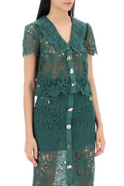 Shop Self-portrait "chelsea Lace Guipure Top With Collar In Verde