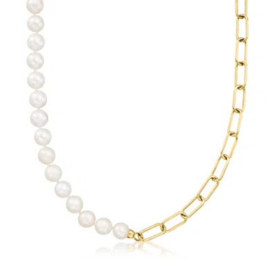 Shop Ross-simons 8-8.5mm Cultured Pearl And Paper Clip Link Necklace In 18kt Gold Over Sterling In Silver