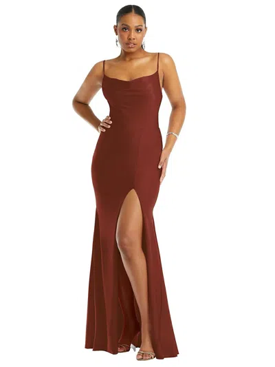 Shop Cynthia & Sahar Cowl-neck Open Tie-back Stretch Satin Mermaid Dress With Slight Train In Red