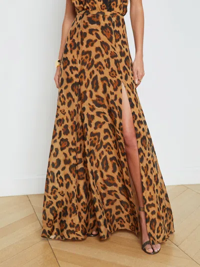 Shop L Agence Luca Silk Slit-front Skirt In Brown Multi Sahara Leopard