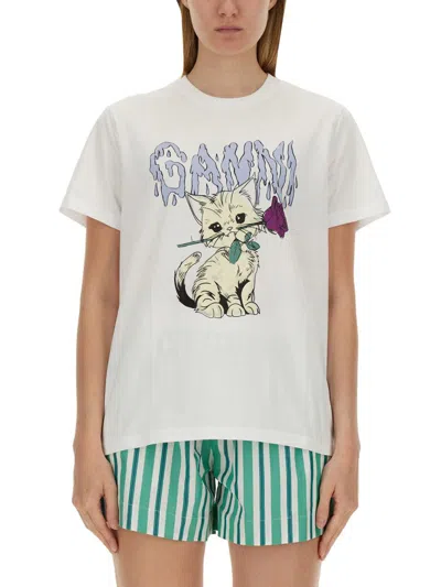 Shop Ganni T-shirt "cat" In White