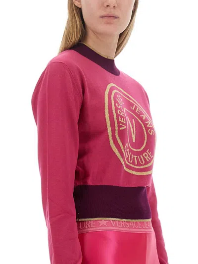 Shop Versace Jeans Couture Cropped V-emblem Sweatshirt In Fuchsia