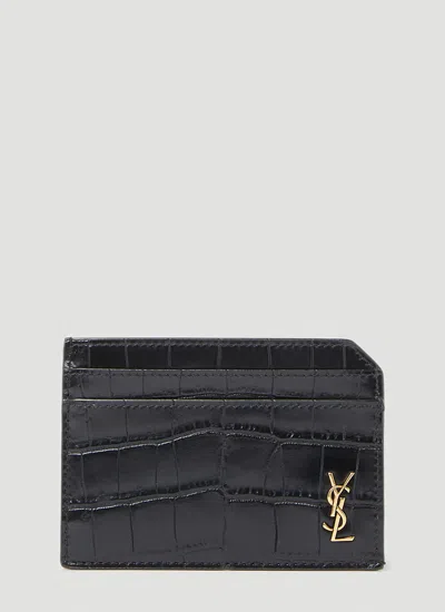 Shop Saint Laurent Men Croc Embossed Cardholder In Black