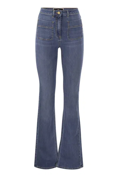 Shop Elisabetta Franchi Paw Jeans With Logo Plates In Medium Denim