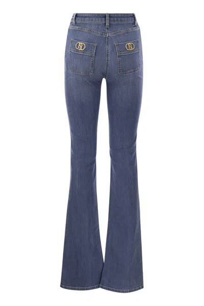 Shop Elisabetta Franchi Paw Jeans With Logo Plates In Medium Denim