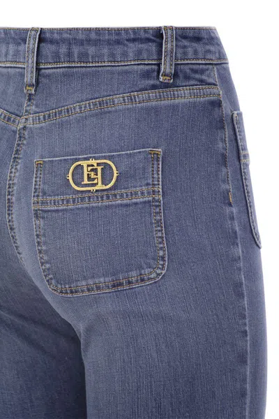 Shop Elisabetta Franchi Paw Jeans With Logo Plates In Medium Denim