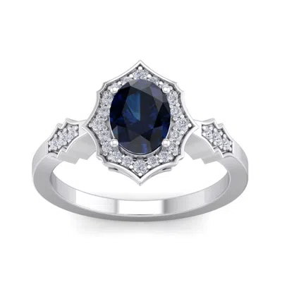 Shop Sselects 1 1/2 Carat Oval Shape Created Sapphire And Halo Diamond Ring In Sterling Silver In Blue