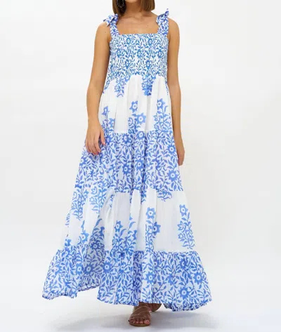Shop Oliphant Smocked Wide Strap Midi Dress In Jakarta Peri In Blue