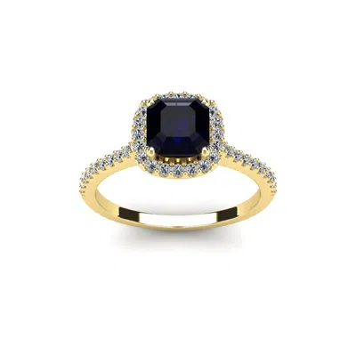 Shop Sselects 1 1/2 Carat Cushion Cut Sapphire And Halo Diamond Ring In 14k Yellow Gold In Black