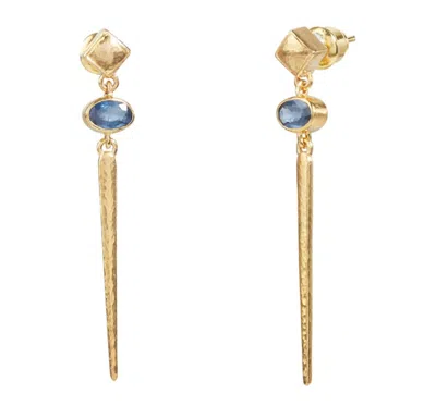 Shop Gurhan Rain Gold Stiletto Drop Earrings, Square Post Top, Sapphire In Blue