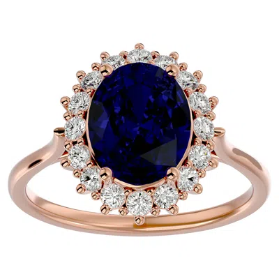 Shop Sselects 3.60 Carat Oval Shape Sapphire And Halo Diamond Ring In 14 Karat Rose Gold In Blue