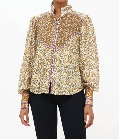 Shop Oliphant High Neck Button Blouse In Olive/marchesa In Beige
